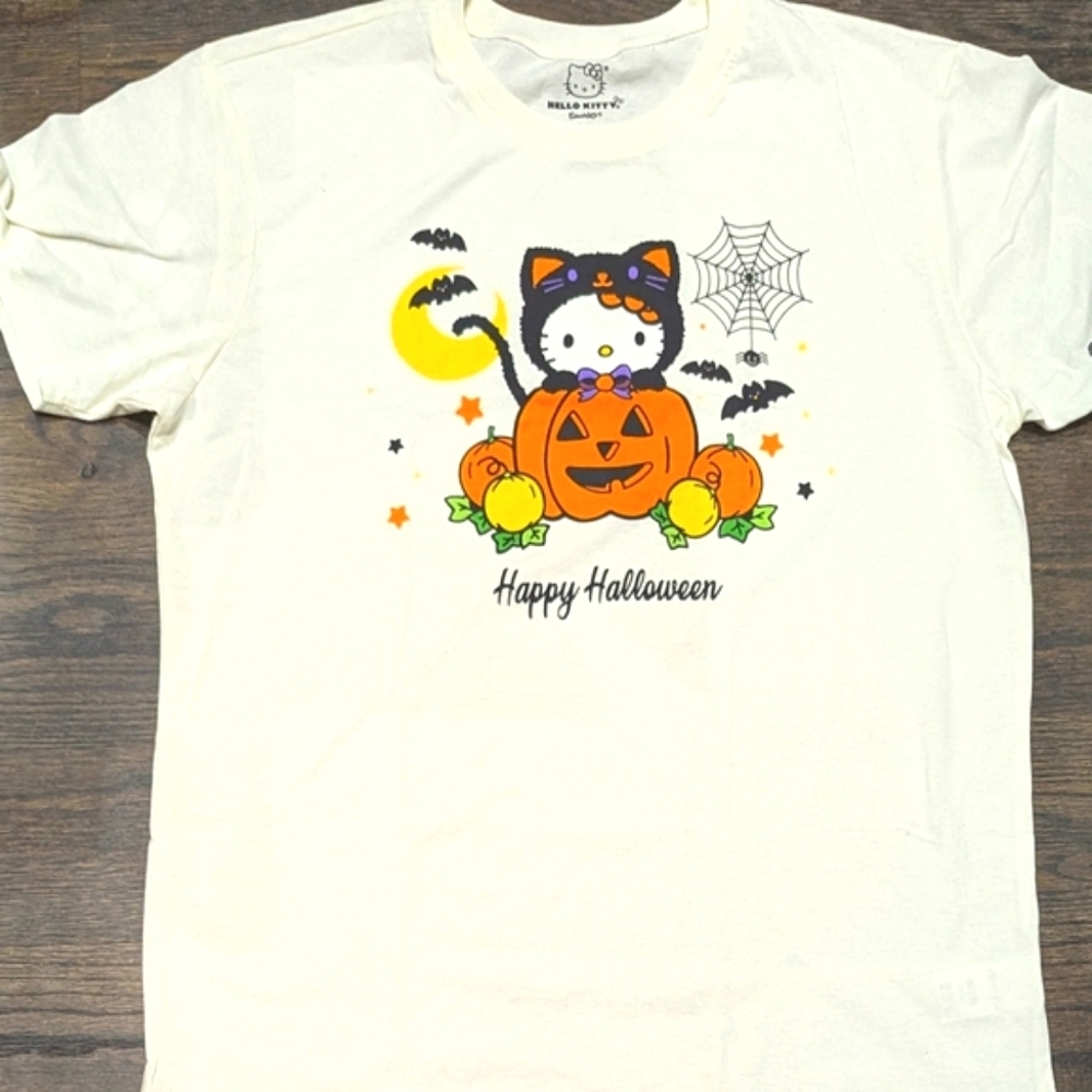 NEW XL Sanrio Hello Kitty Black Cat Happy Halloween Pumpkin Tee Shirt Top
